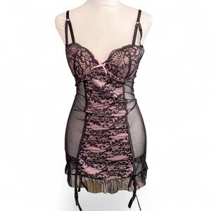 Carrie Amber Black Lace Lingerie Chemise Size Medium Sheer Mesh Garter Slip